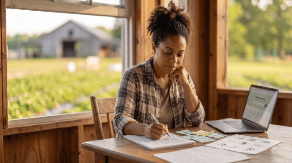 Agritourism farm owner brainstorming LLC name ideas for a farm tourism business