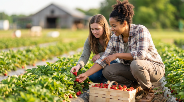 Agritourism farm owner welcoming visitors to a family farm experience and agricultural tourism business