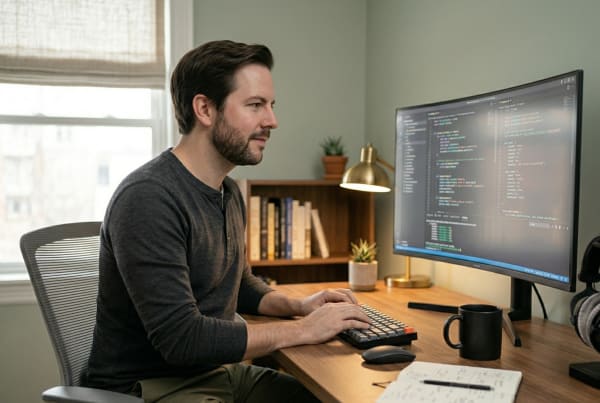 AI and machine learning consulting company owner working on project on computer monitor