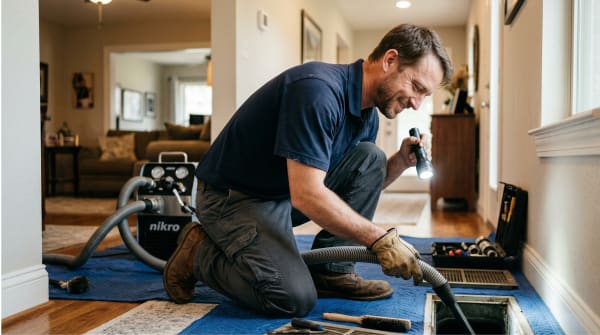 Air duct cleaning technician inspecting and cleaning HVAC ductwork on a residential job