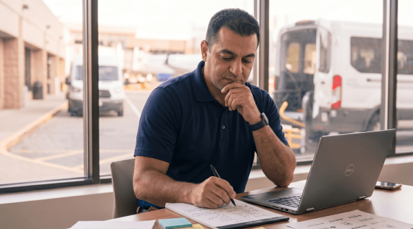 Airport shuttle service owner reviewing LLC business name ideas