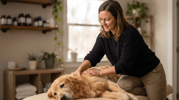 Animal massage therapist working with a relaxed dog on a padded table