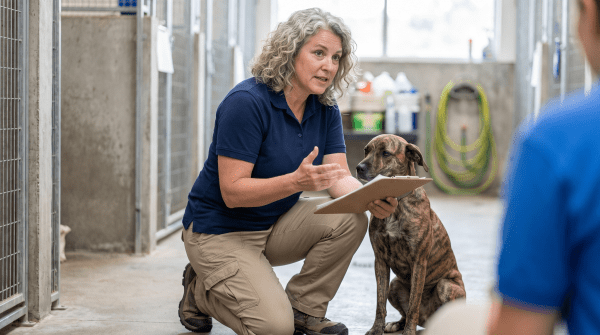 Animal shelter consultant reviewing facility plans with staff on site