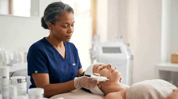 Anti-aging studio specialist performing a skincare treatment on a client