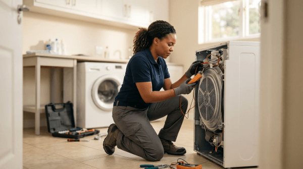 Appliance repair technician actively diagnosing and fixing a household appliance on a service call