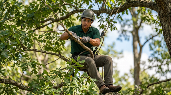 Arborist trimming trees for a professional tree care and landscaping business