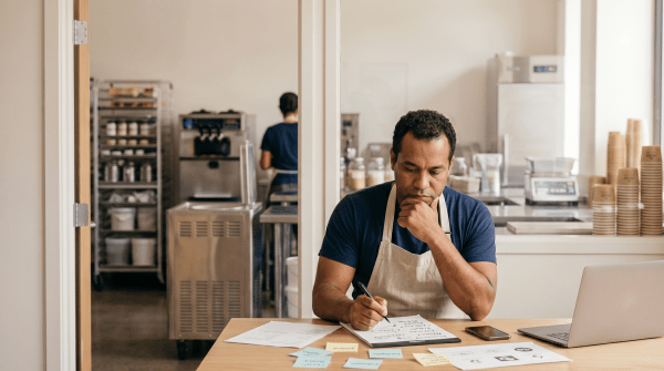 Artisan ice cream shop owner brainstorming business name ideas