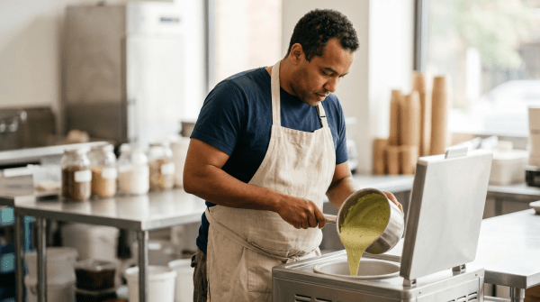 Artisan ice cream shop owner making artisan ice cream