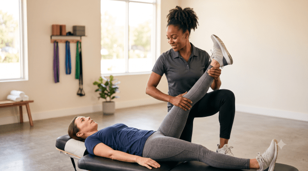 Assisted stretching studio owner assisting a client with stretching