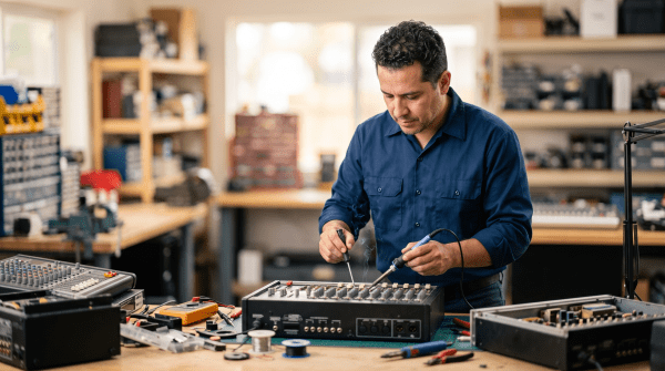 Audio equipment repair owner working on their new business idea