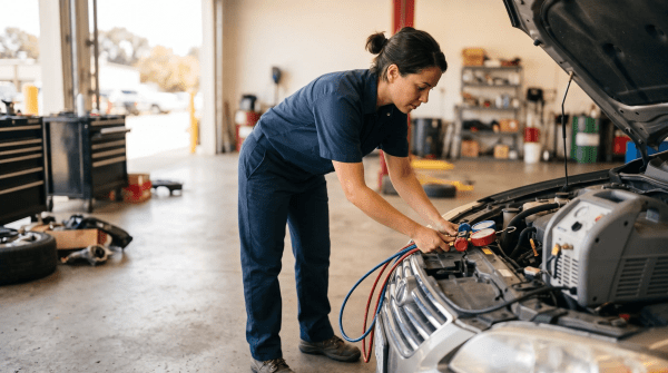 Servicing a vehicle's air conditioning system at an auto AC repair shop