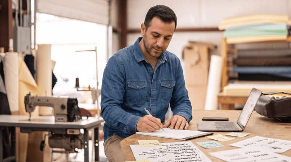 Auto upholstery shop owner brainstorming business name ideas