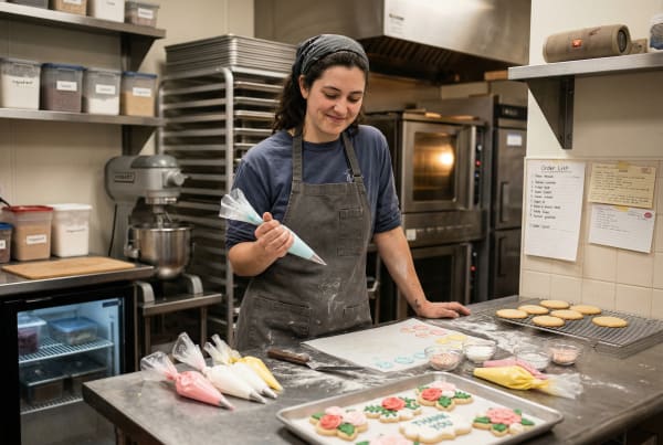 Bakery business owner decorating cookies in kitchen