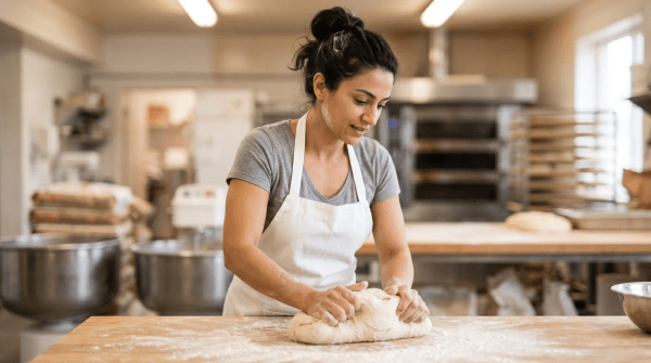 Bakery business owner decorating cookies in kitchen