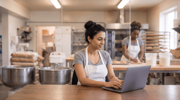 Bakery owner registering a bakery business as an LLC from shop counter