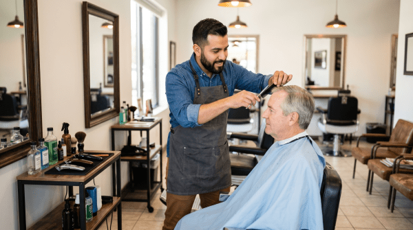 Barbershop owner cutting and grooming a client's hair at a professional barber shop