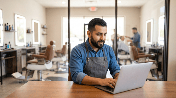 Barbershop owner registering a barber business as an LLC on a computer