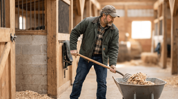Barn management professional overseeing horses in a working stable
