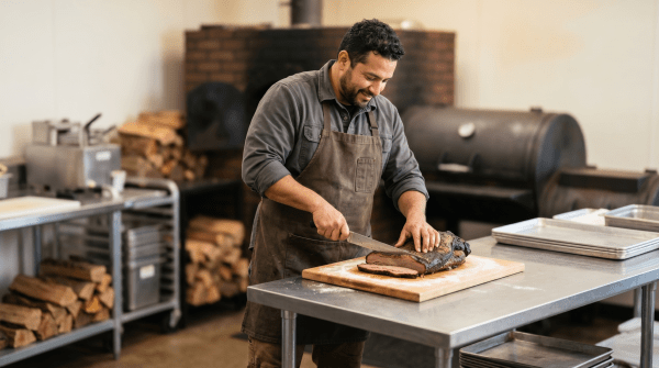 BBQ restaurant business owner engaging with happy customers enjoying a meal