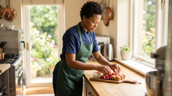 Bed and breakfast owner preparing guests breakfast at a hospitality and lodging business