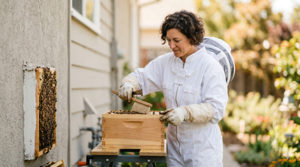 Bee removal specialist relocating a beehive for a humane bee removal and pest control business