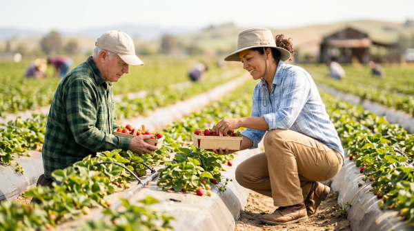 Berry farm owner harvesting fresh berries on a local fruit farming business