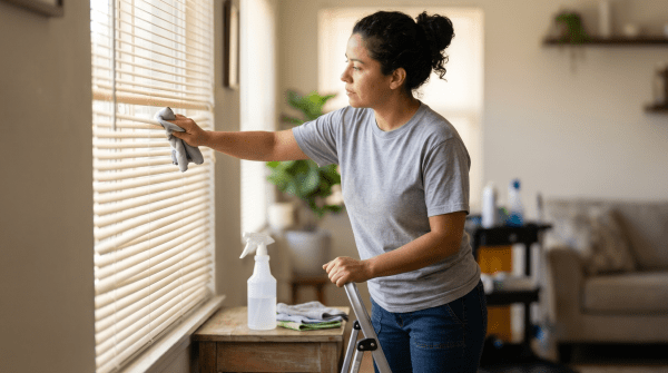 Blind cleaning technician servicing window blinds at a client's home