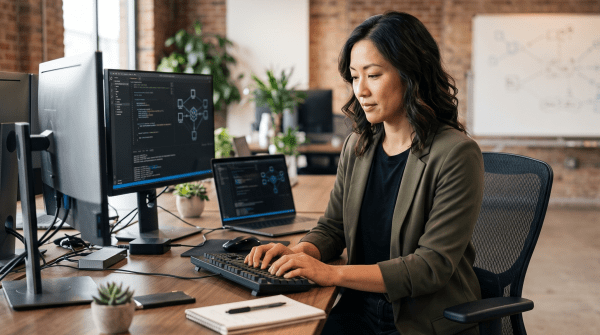 Blockchain development studio owner developing blockchain technology