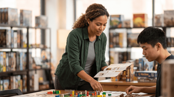 Board game store owner running a board game store