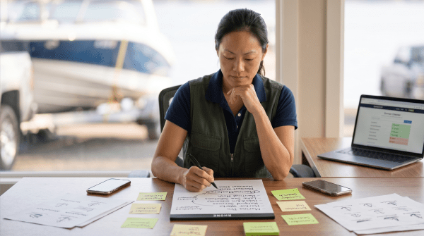 Boat hauling business owner reviewing LLC name ideas for a transportation company