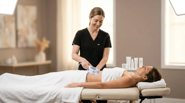 Body sculpting studio owner performing a contouring treatment on a client