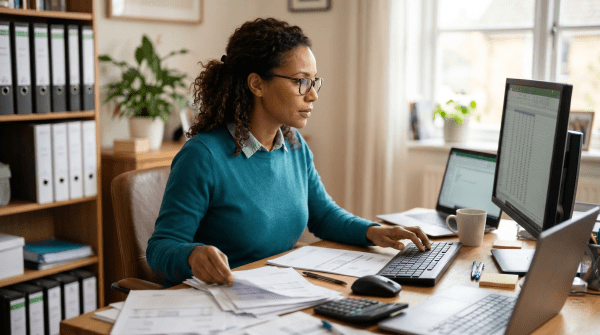 Bookkeeping business owner reviewing financial records and accounts with a client in a professional office