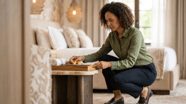 Boutique hotel owner managing operations at a luxury boutique hospitality business