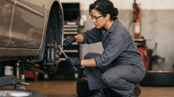 Brake repair technician replacing brake components on a lifted vehicle