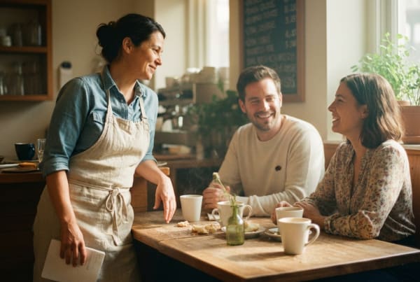 Breakfast and brunch café business owner interacting with customers in a lively dining space