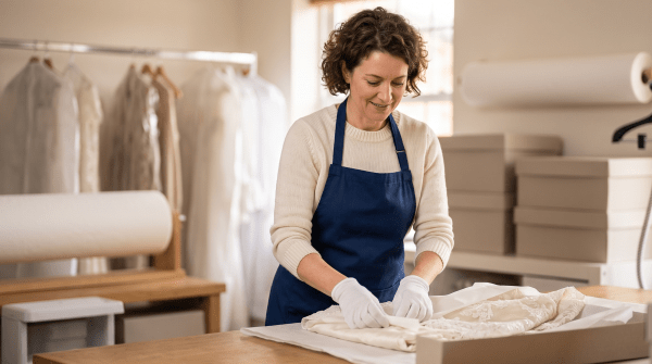 Bridal gown preservation business owner preserving a bridal gown
