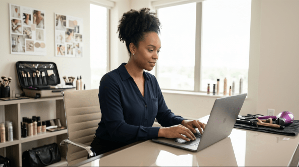Bridal hair and makeup artist registering a beauty business as an LLC from desk