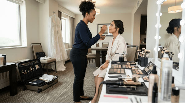 Mobile bridal hair and makeup artist preparing a bride before her wedding