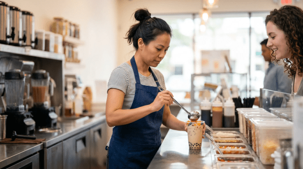 Bubble tea shop owner serving bubble tea
