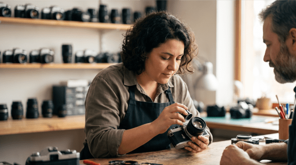 Camera and photo shop owner running a camera and photo shop