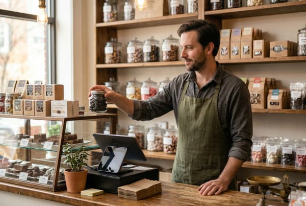 Candy store shop owner at counter organizing candy