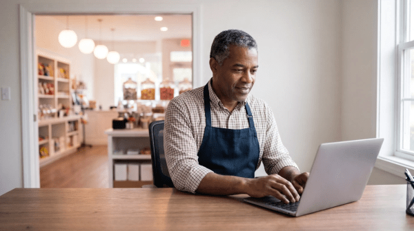 Candy store owner stocking shelves while starting an LLC