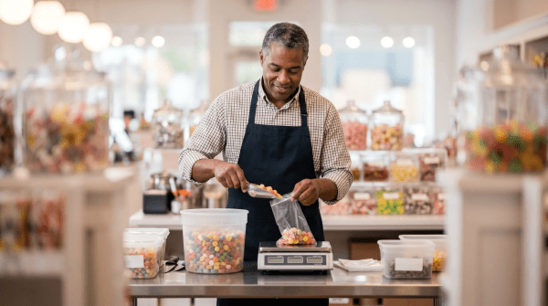Candy store shop owner at counter organizing candy