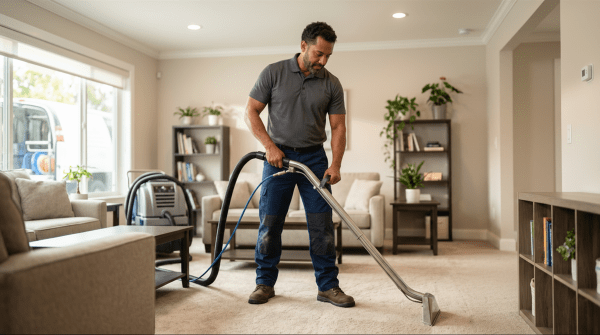 Carpet cleaning professional using steam cleaning equipment to deep clean a carpet