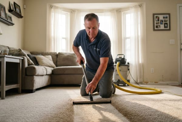Carpet cleaning professional using steam cleaning equipment to deep clean a carpet