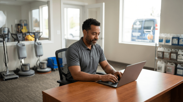 Carpet cleaning owner registering a carpet cleaning business as an LLC on laptop
