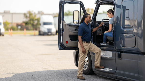 CDL training school instructor walking a student through commercial truck driving requirements and safety