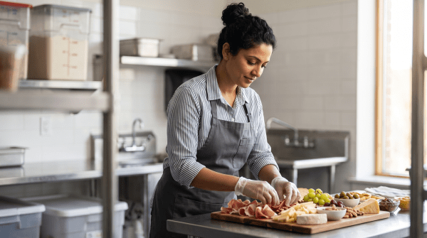 Charcuterie board business owner arranging a charcuterie board