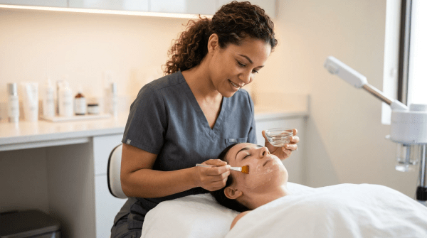 Applying a chemical peel to a client's face at a skincare clinic