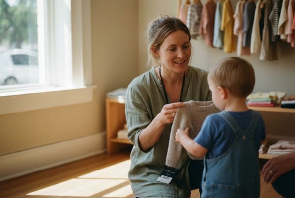Children's clothing store owner helping a customer find the right outfit for their child